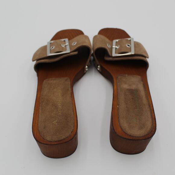 Anthropologie Wood Clog Sandals 39 Womens 8.5 Brown Suede Block Heel Buckle Y2K - Picture 5 of 8